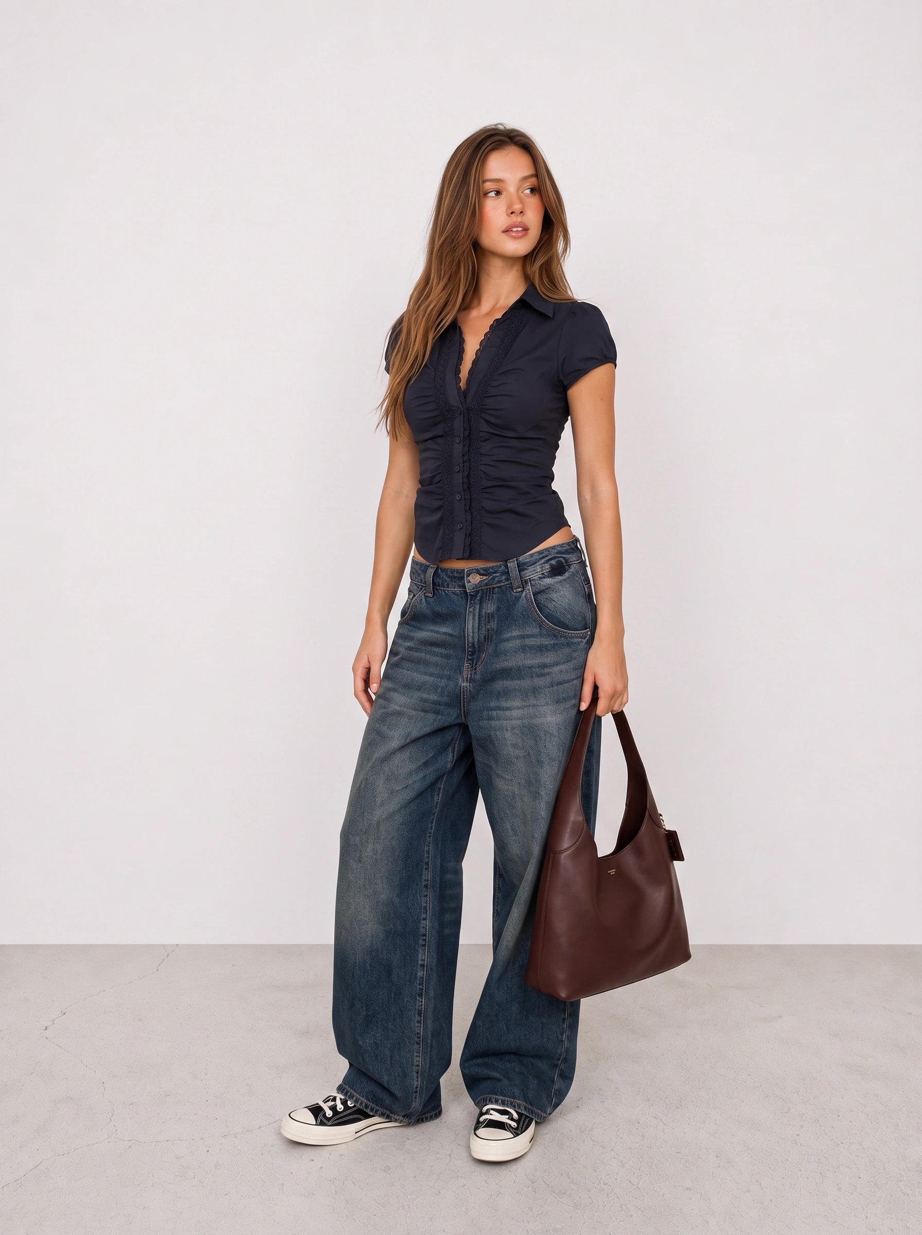 Navy Ruched Top and Dark Wide-Leg Jeans Outfit