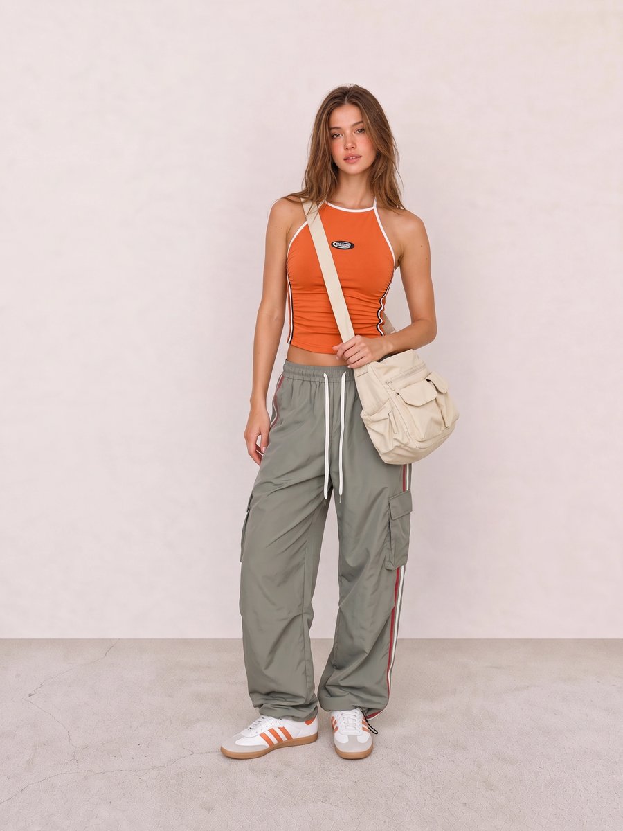 Woman wearing an orange halter top, olive cargo pants, cream sneakers, and a cream bag
