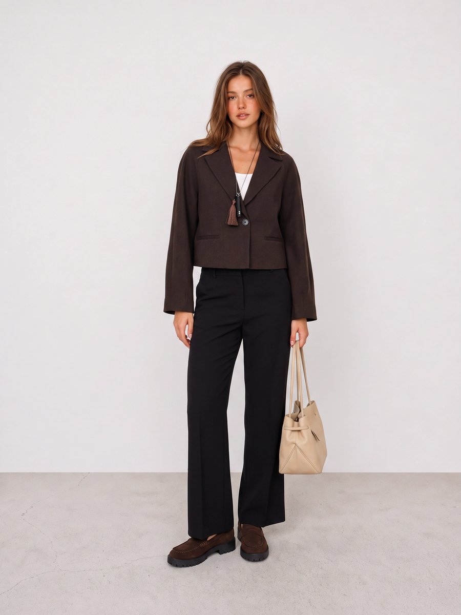 Woman wearing a brown cropped blazer, black trousers, dark loafers, and a cream bag
