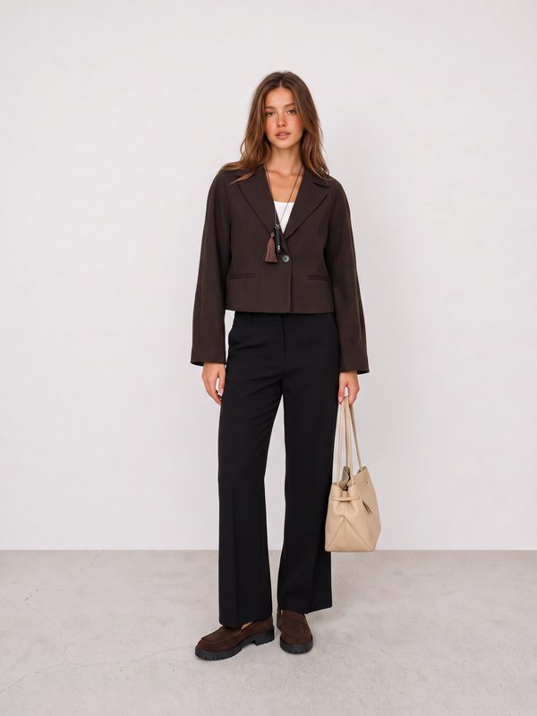 Brown Cropped Blazer and Black Trousers Office Outfit
