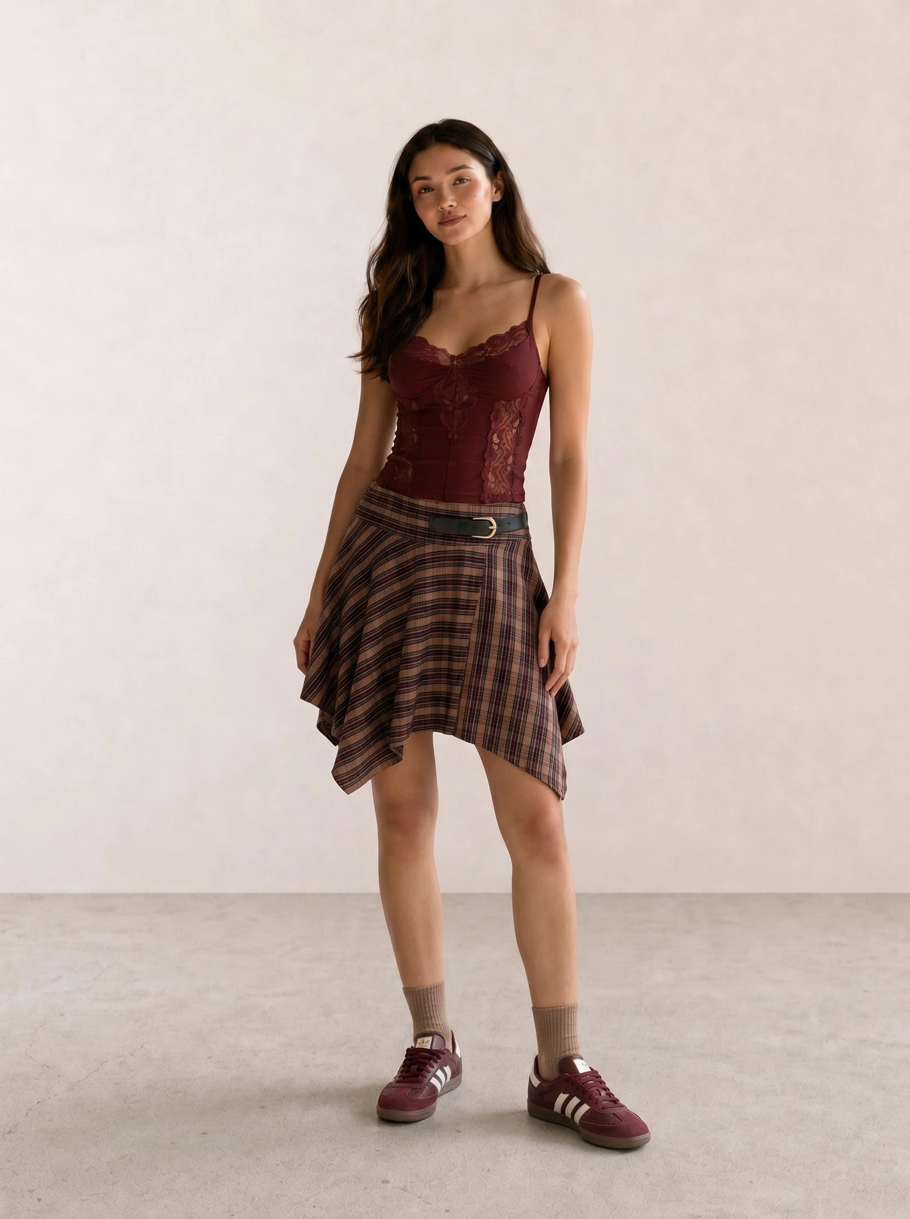 Burgundy Lace Cami & Plaid Asymmetric Mini