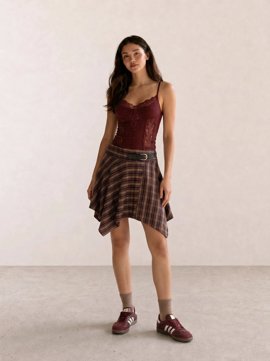 Retro vintage outfit with burgundy lace cami, plaid asymmetric mini skirt, and burgundy Adidas Sambas
