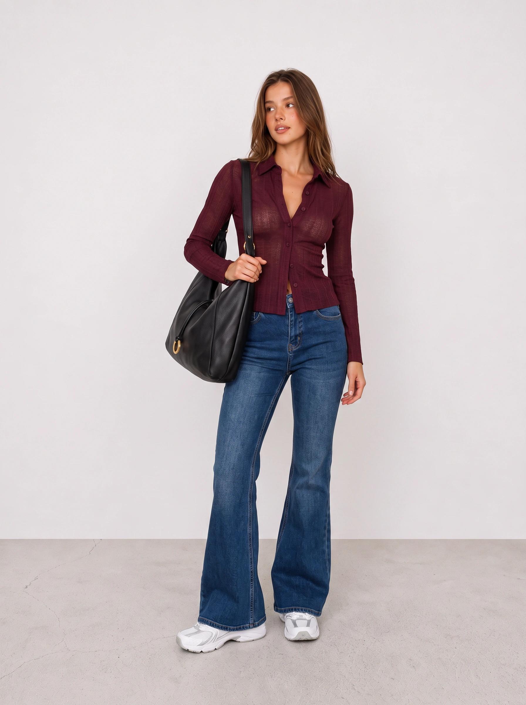 Burgundy Ribbed Cardigan and Blue Flared Jeans Y2K Outfit