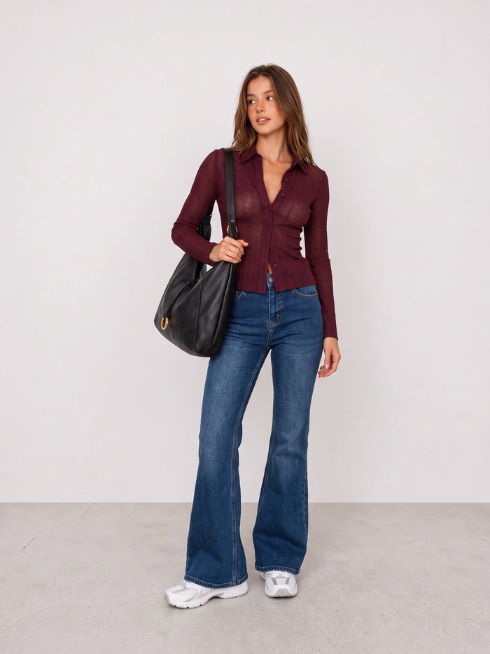 Burgundy Ribbed Cardigan and Blue Flared Jeans Y2K Outfit