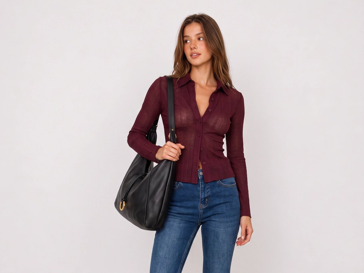 Burgundy Ribbed Cardigan and Blue Flared Jeans Y2K Outfit