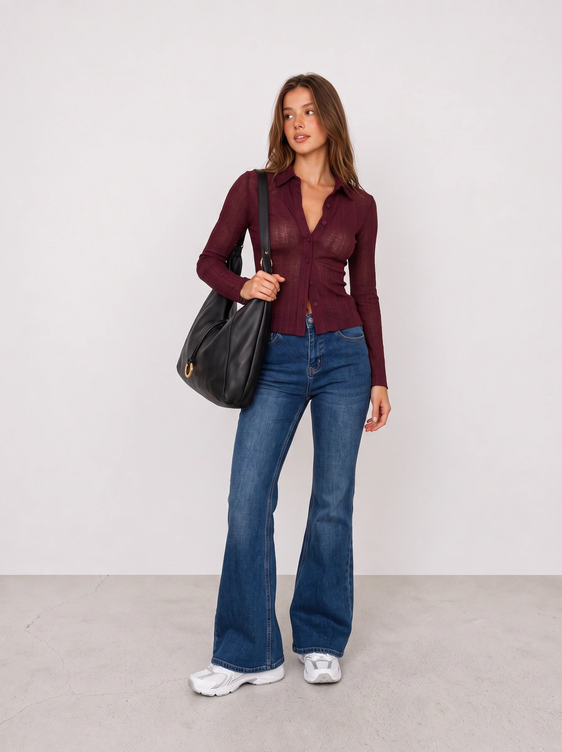 Burgundy Ribbed Cardigan and Blue Flared Jeans Y2K Outfit