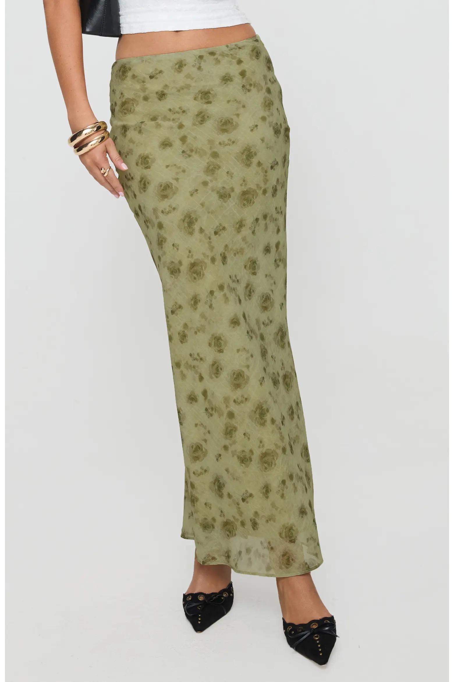 Olive Floral Bias-Cut Maxi Skirt