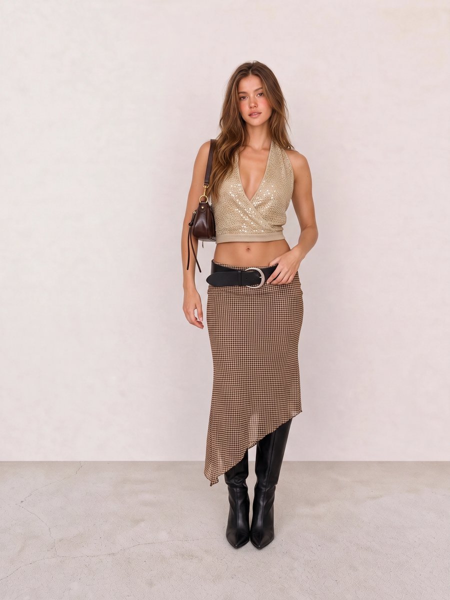 Party night out outfit featuring beige metallic halter top and brown asymmetric knit midi skirt