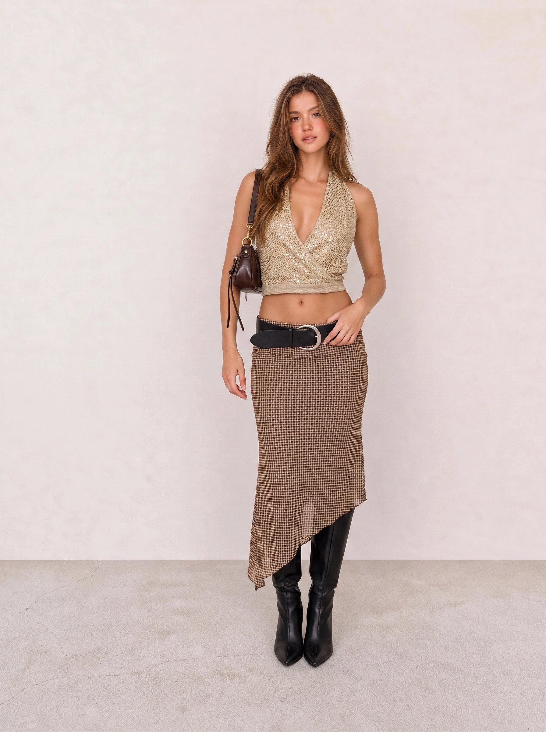 Beige Metallic Halter Top & Brown Asymmetric Knit Midi Skirt Party Look