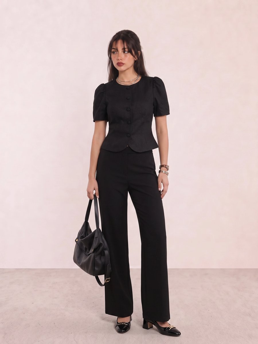 Old money look with black puff-sleeve button blouse & black wide-leg trousers and black buckle pointed block-heel pumps