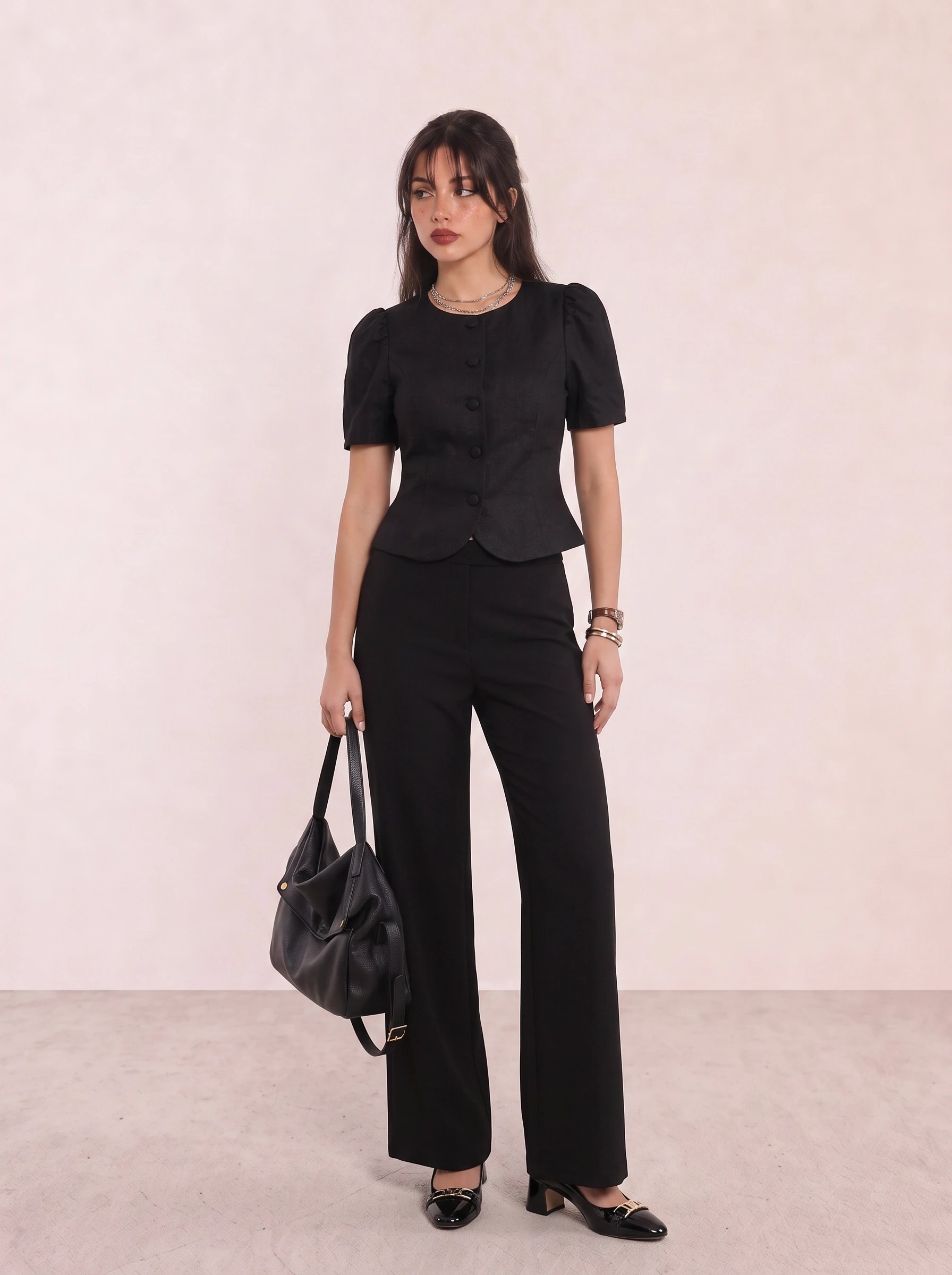 Black Puff-Sleeve Button Blouse & Black Wide-Leg Trousers