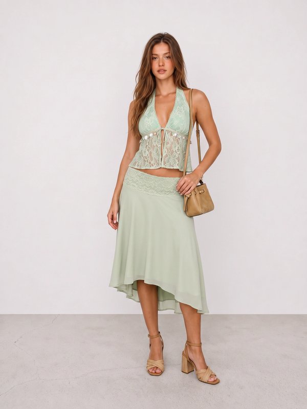 Mint Lace Halter Top and Flowing Skirt Outfit