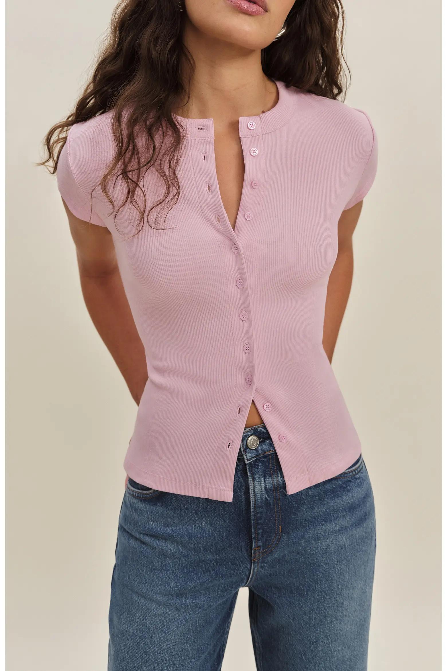 Pink Ribbed Short-Sleeve Knit Top