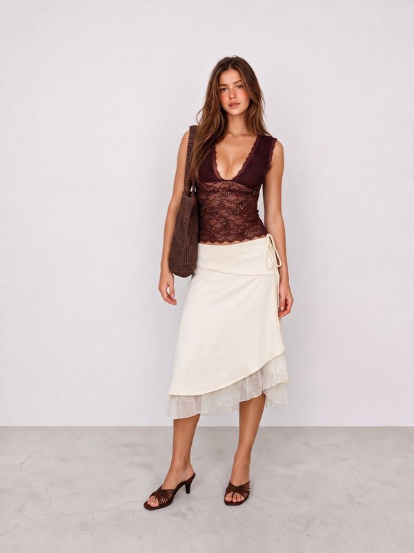 Burgundy Lace Top and Ivory Wrap Skirt Outfit