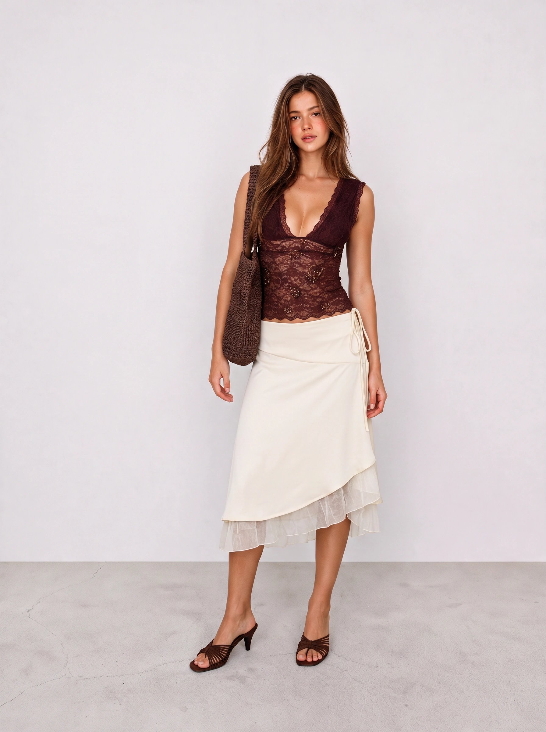 Burgundy Lace Top and Ivory Wrap Skirt Outfit