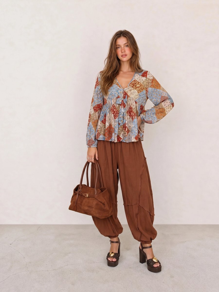 Boho outfit with a patchwork tie-front blouse, brown balloon pants, suede tote, and platform sandals
