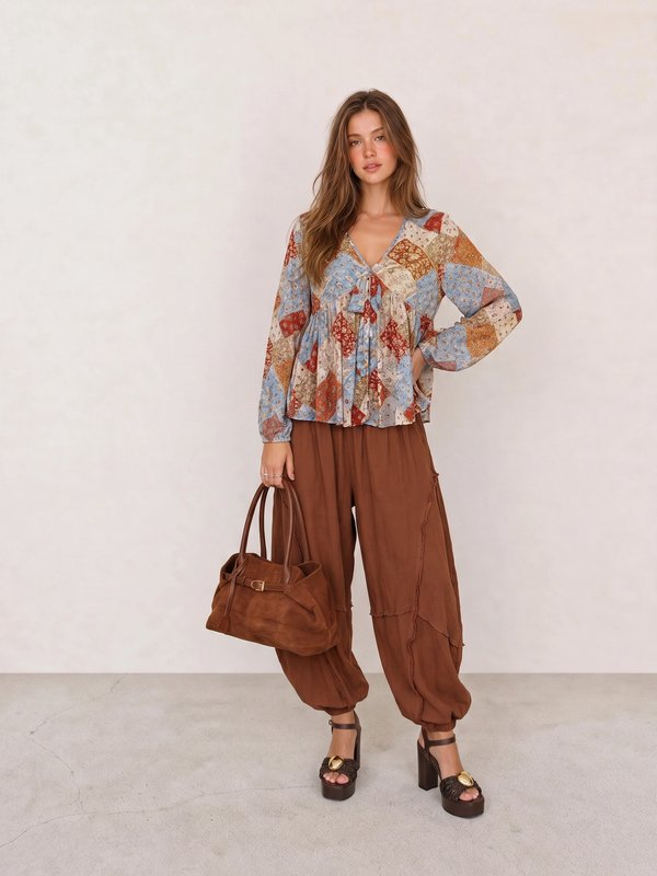 Patchwork Blouse & Brown Balloon Pants