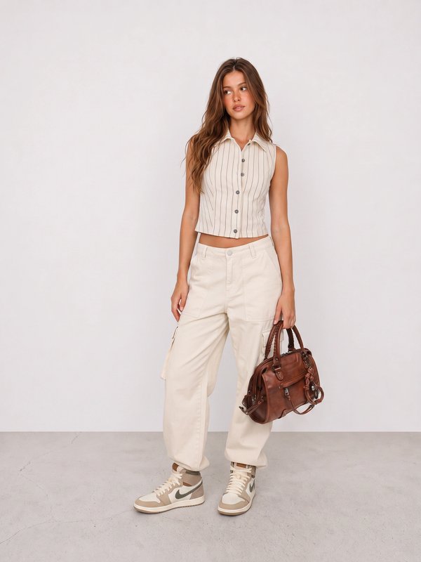 Striped Vest and Ivory Cargo Pants Outfit