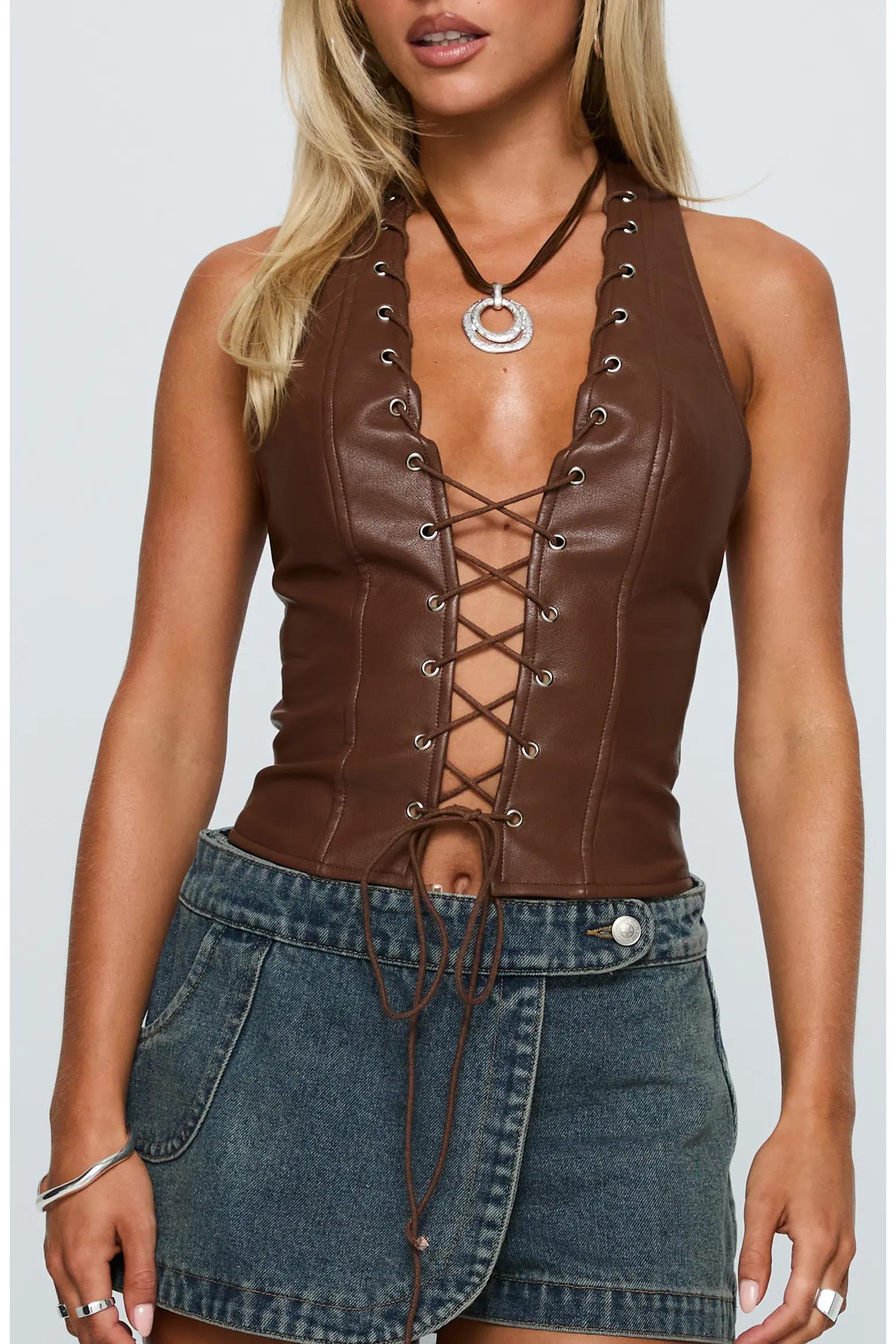 Brown Lace-Up Corset Top