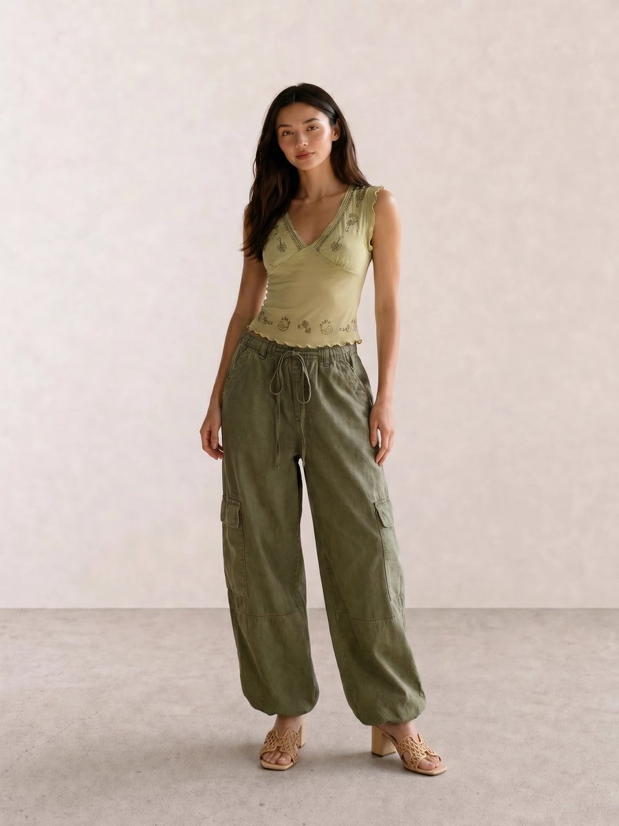 Boho outfit with a chartreuse embroidered mesh tank, khaki cargo parachute pants, and raffia mules