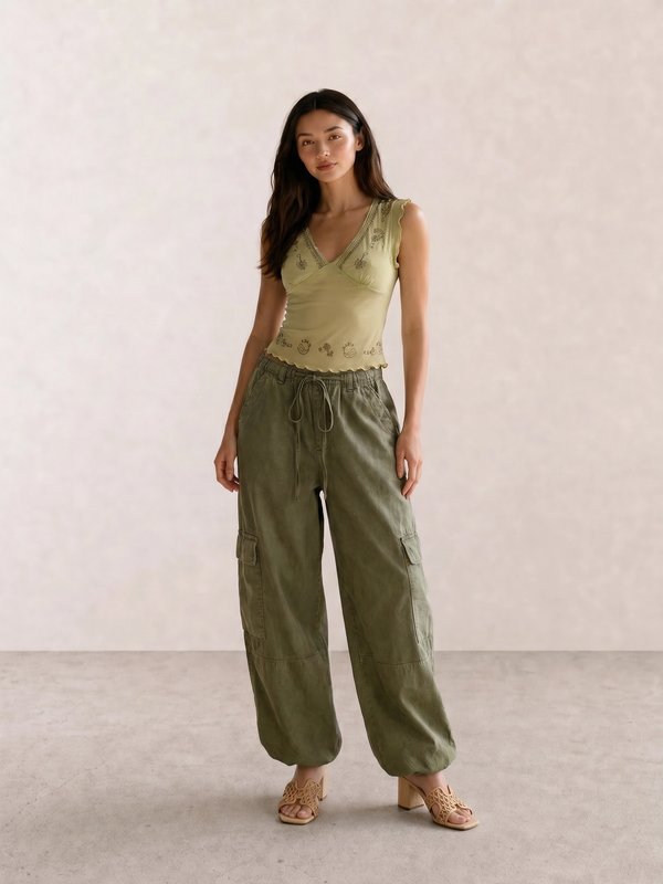 Embroidered Mesh Tank & Khaki Cargo Pants