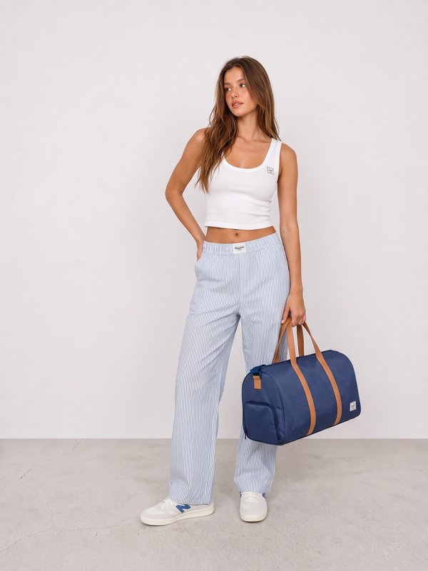 White Tank and Blue Stripe Travel Pants Outfit