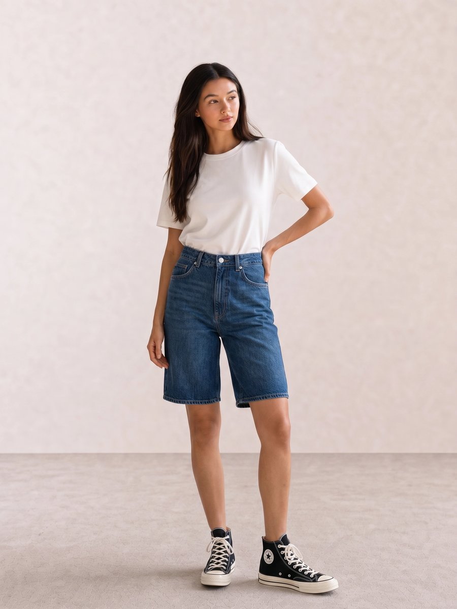 Basic casual outfit with a white tee, denim Bermuda shorts, and black Converse high-tops