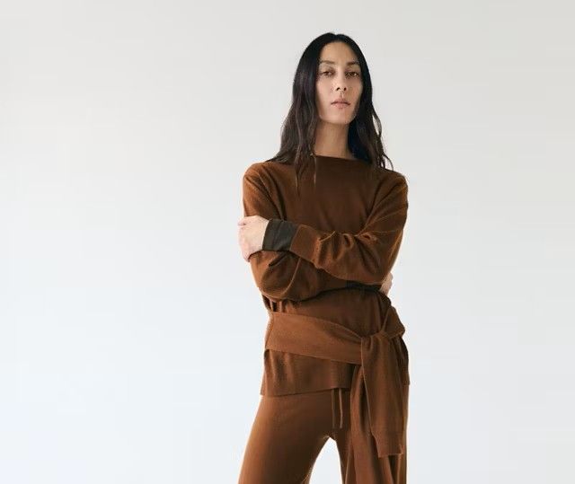 Brown Knit Tie-Front Sweater