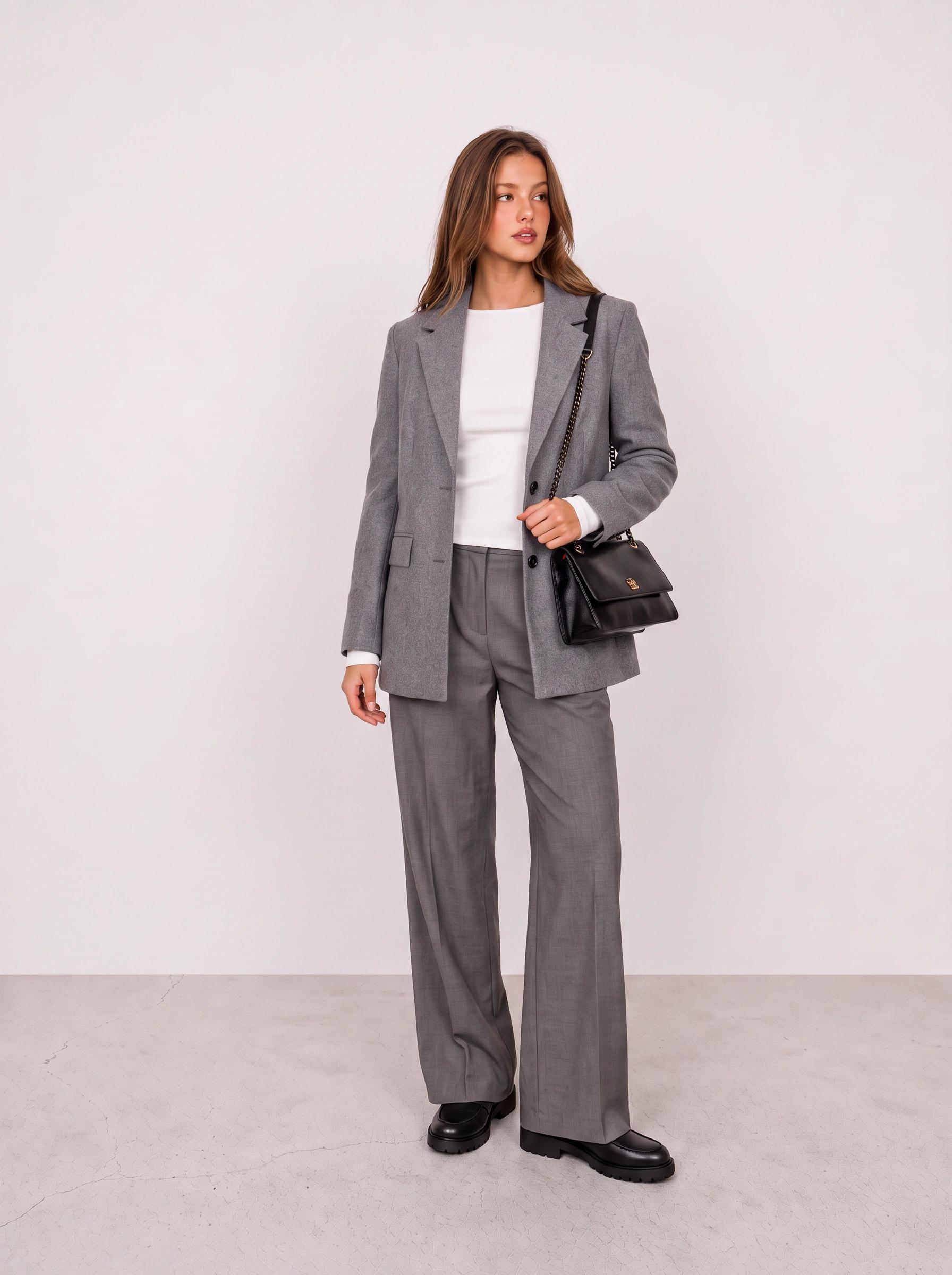 Grey Tailored Suit with White Tee Office Outfit
