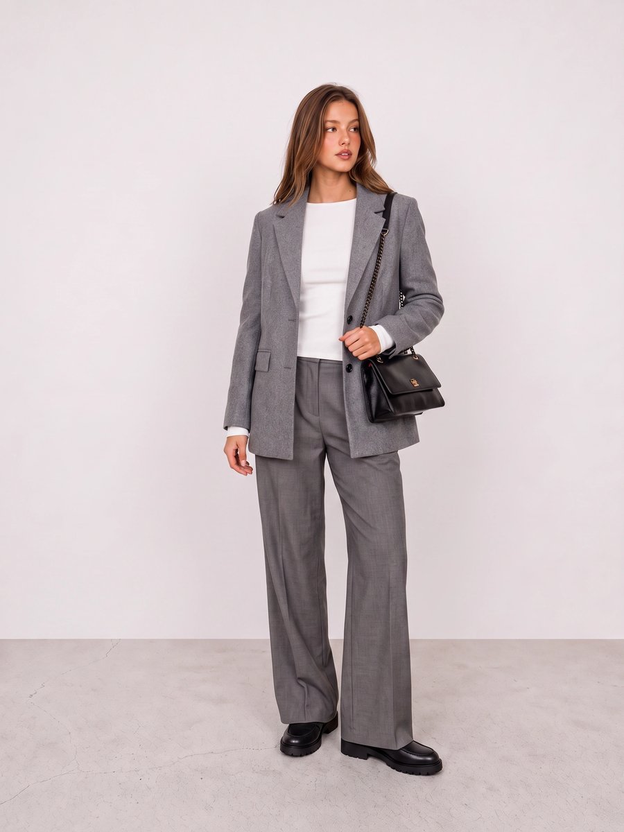 Woman wearing a grey tailored suit over a white tee with black loafers and a black bag