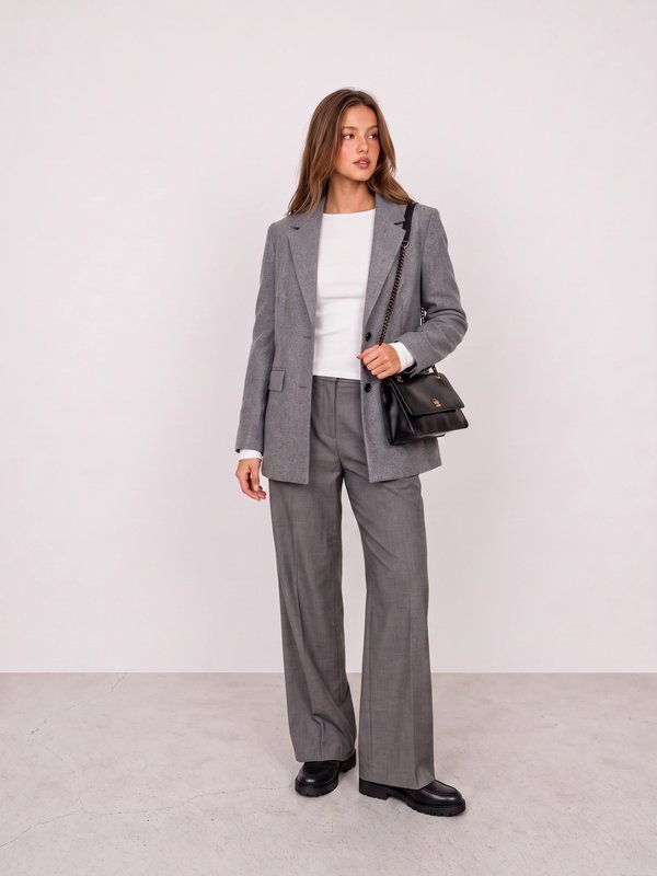 Grey Tailored Suit with White Tee Office Outfit