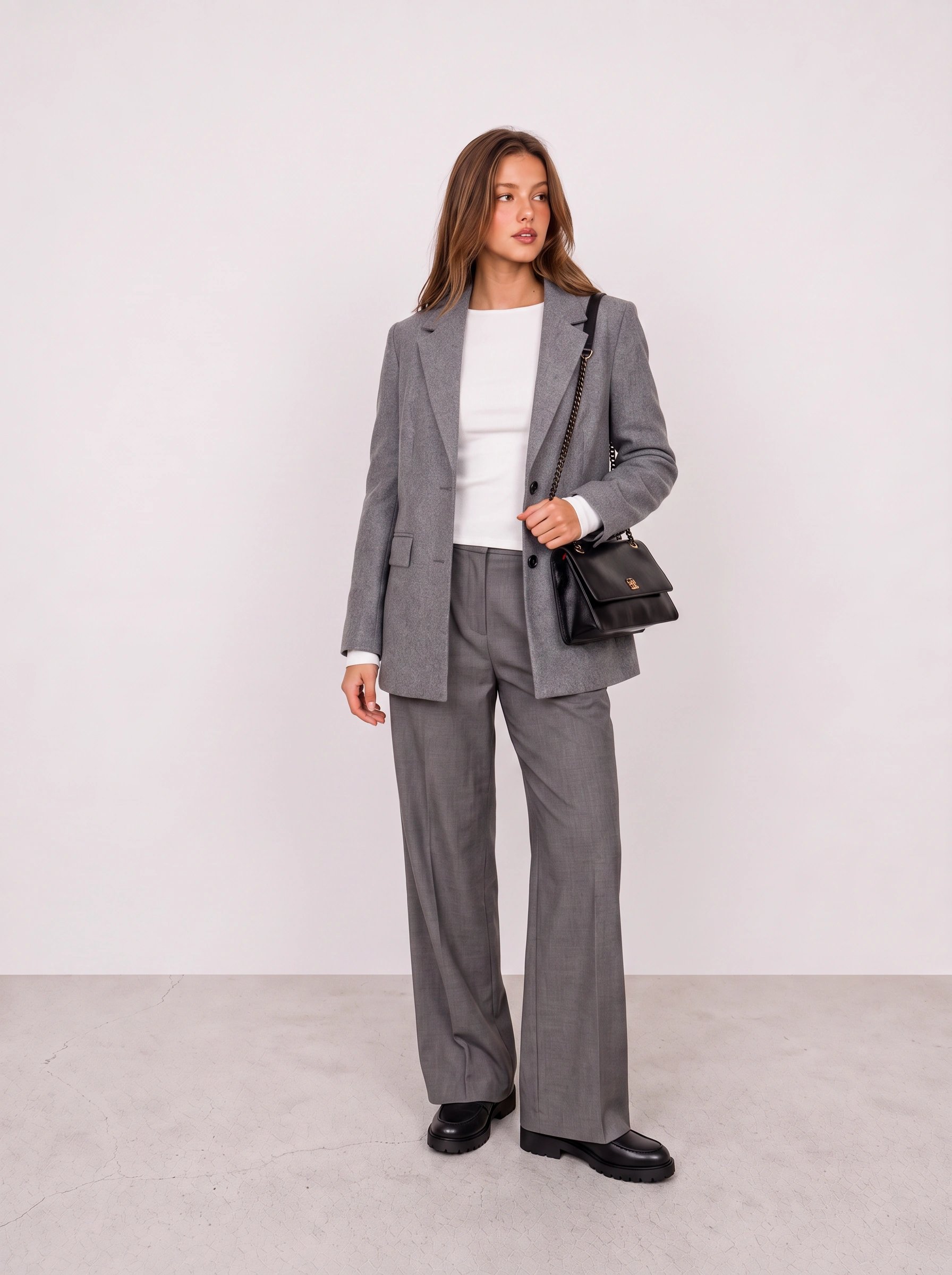 Grey Tailored Suit with White Tee Office Outfit