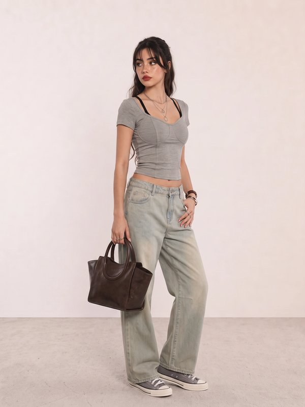 Grey Ruched Top and Wide-Leg Jeans Campus Outfit
