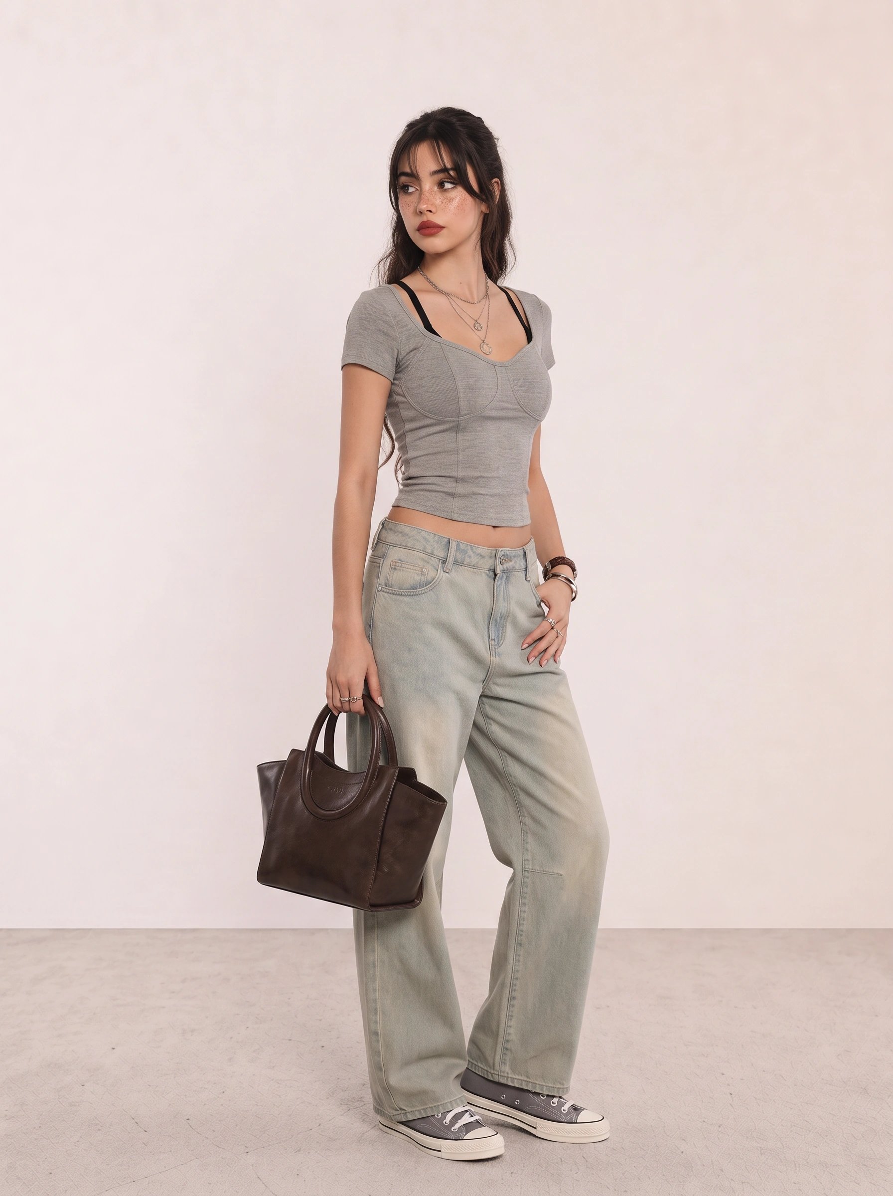 Grey Ruched Top and Wide-Leg Jeans Campus Outfit