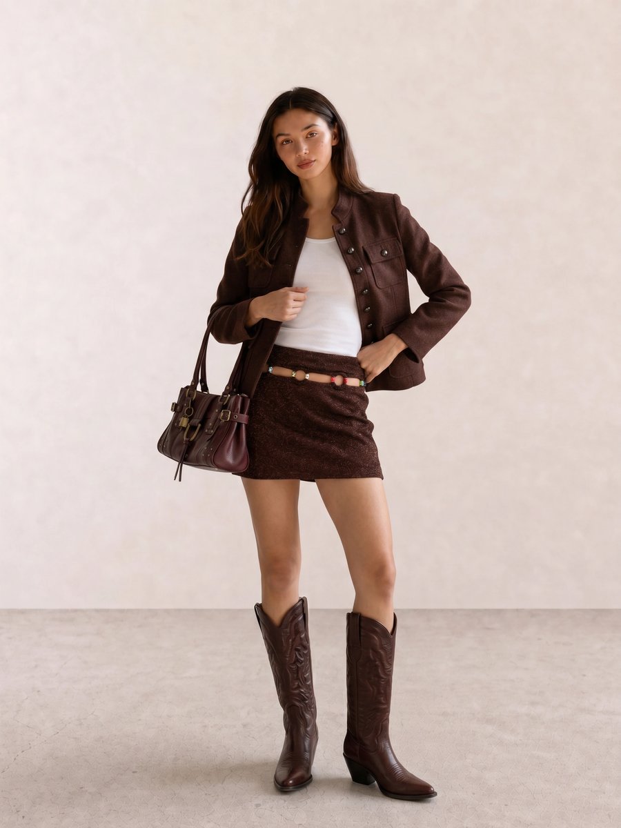 Autumn western outfit with a brown structured jacket, white tank, cutout mini skirt, burgundy bag, and brown western boots