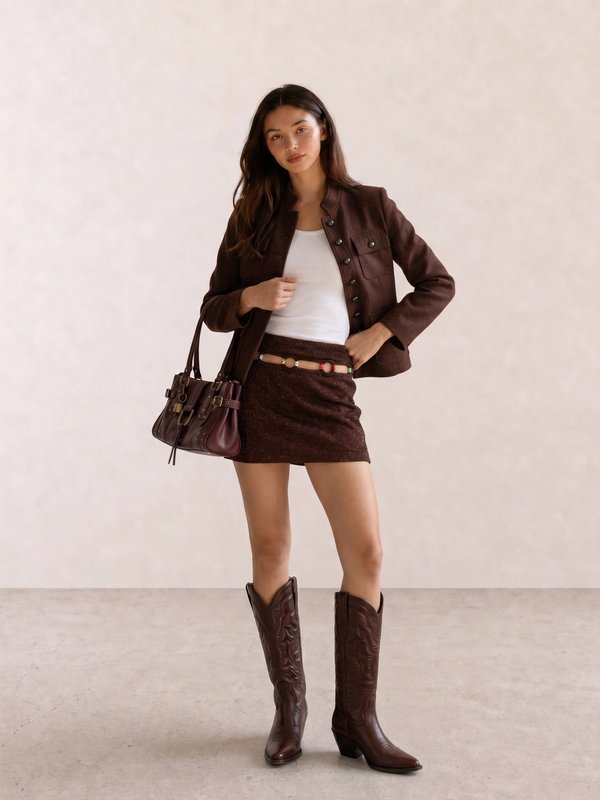 Brown Structured Jacket & Cutout Mini Skirt with Western Boots