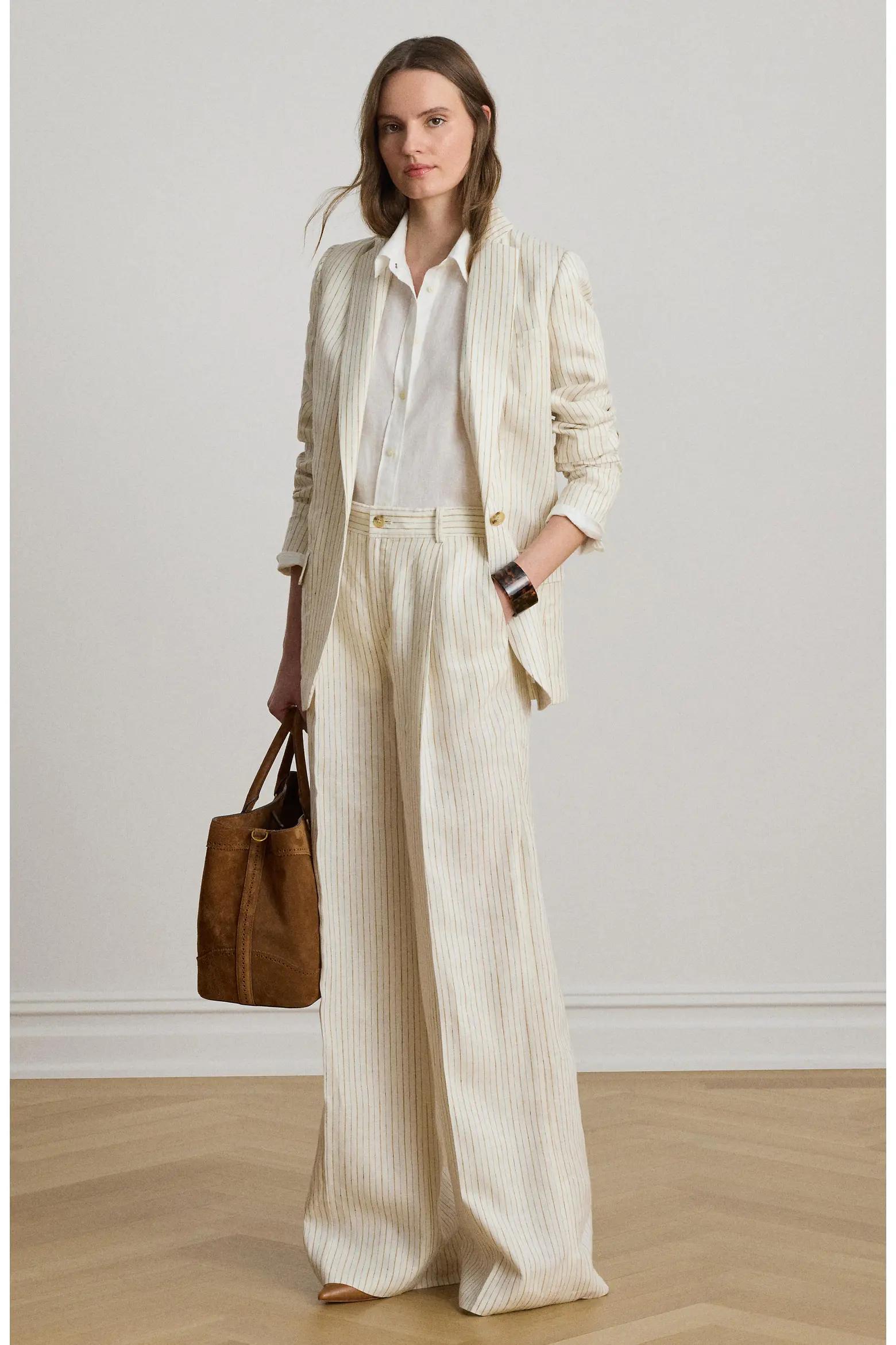 Cream Wide-Leg Linen Trousers