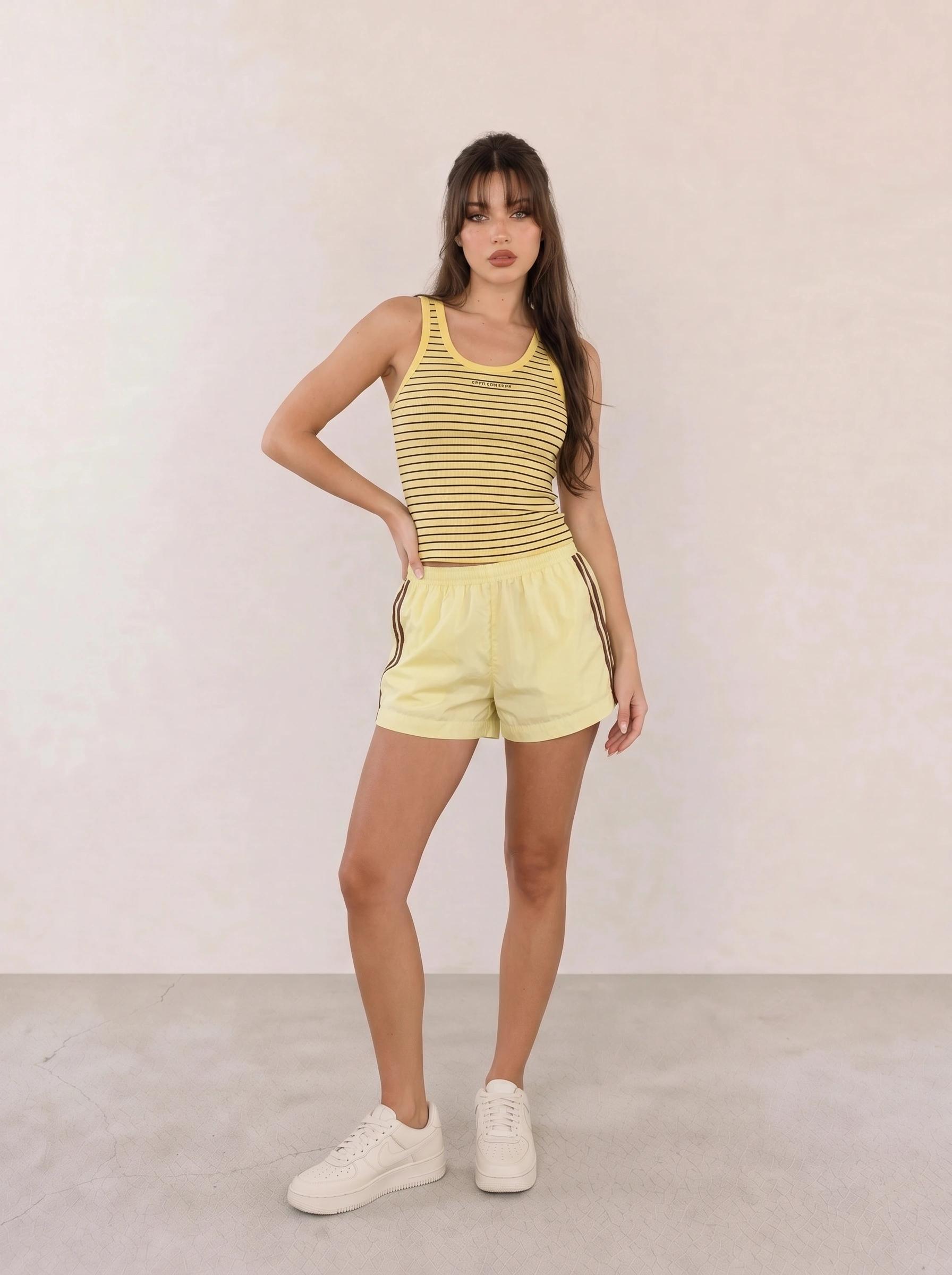 Yellow Striped Tank and Shorts Athleisure Outfit
