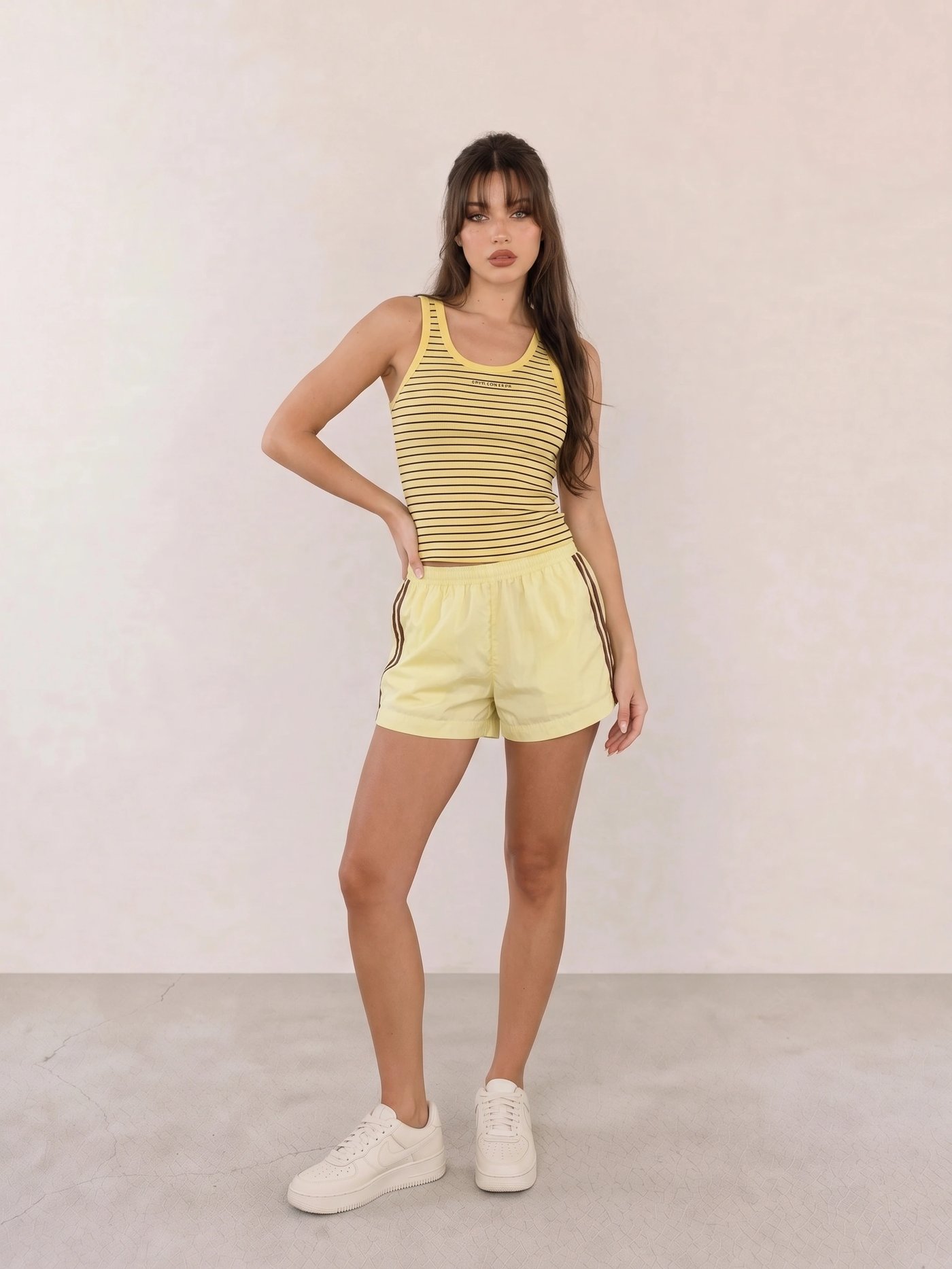 Yellow Striped Tank and Shorts Athleisure Outfit