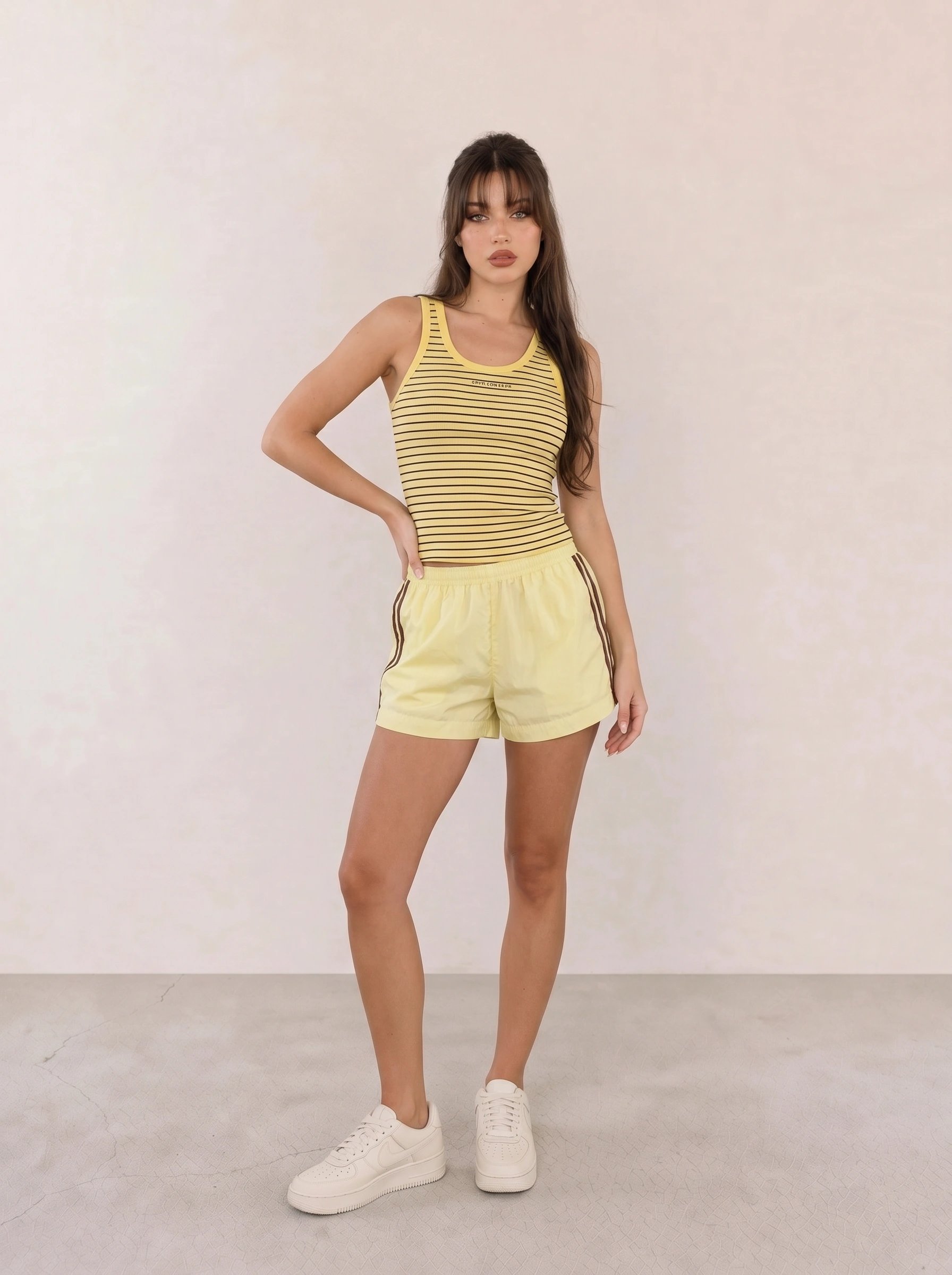 Yellow Striped Tank and Shorts Athleisure Outfit