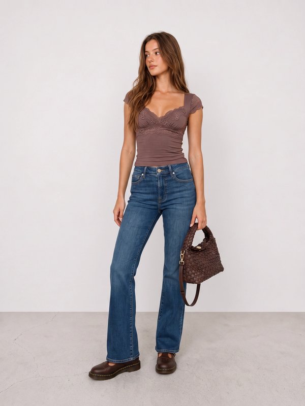 Brown Lace Top and Blue Flared Jeans Y2K Outfit
