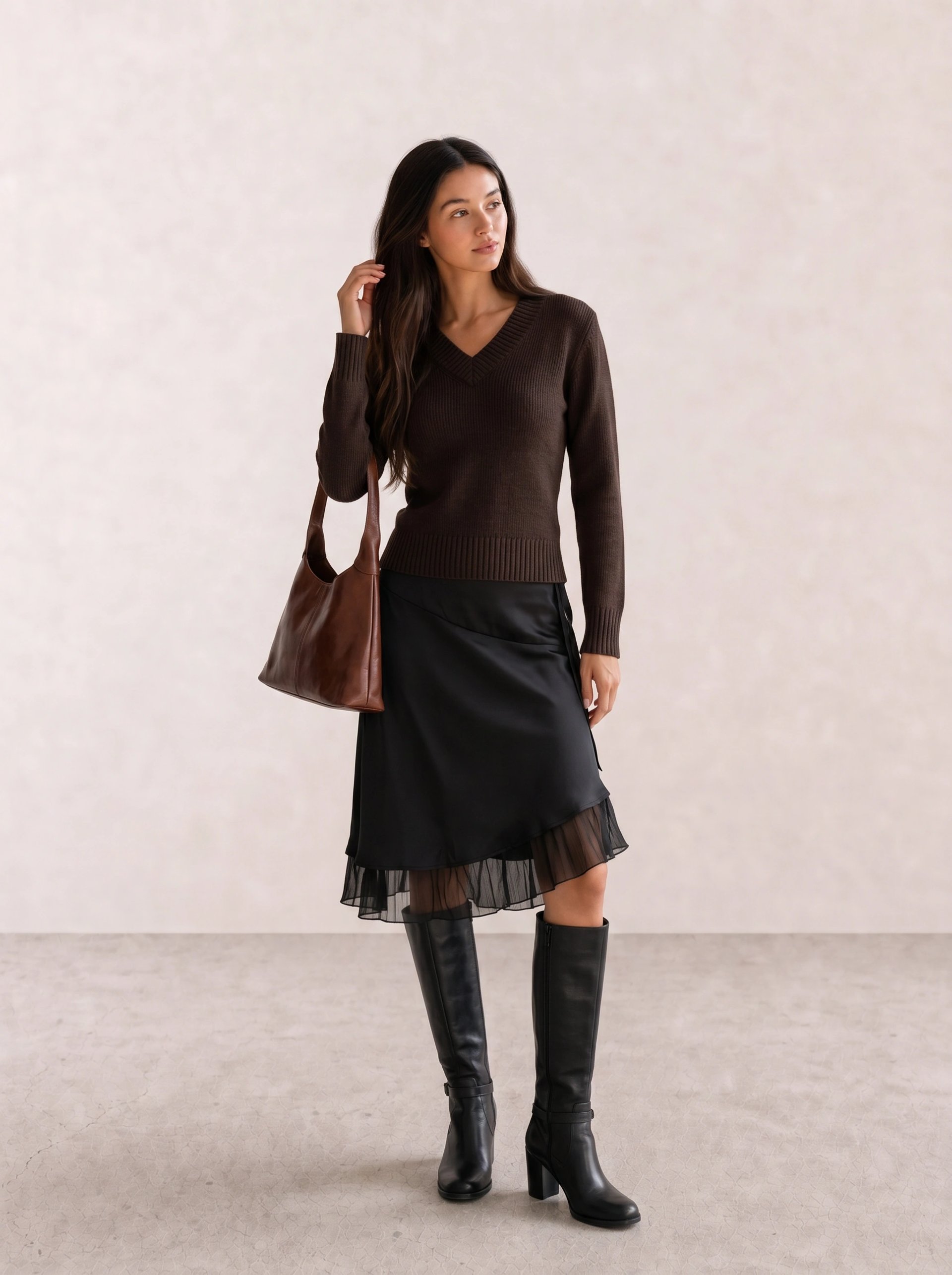 Brown V-Neck Sweater & Black Midi Skirt with Knee Boots