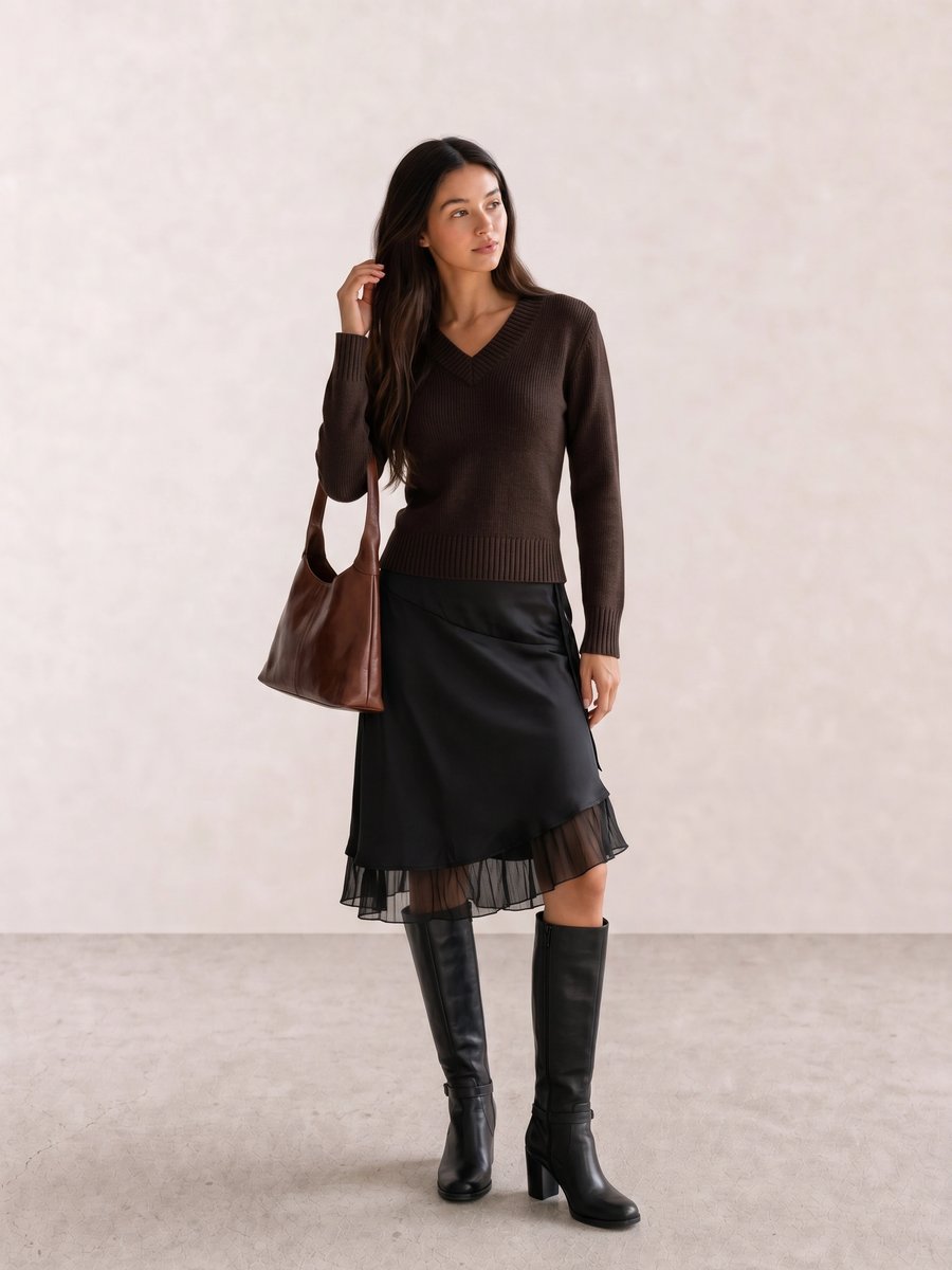 Minimal autumn outfit with a brown V-neck sweater, black layered midi skirt, brown shoulder bag, and black knee boots