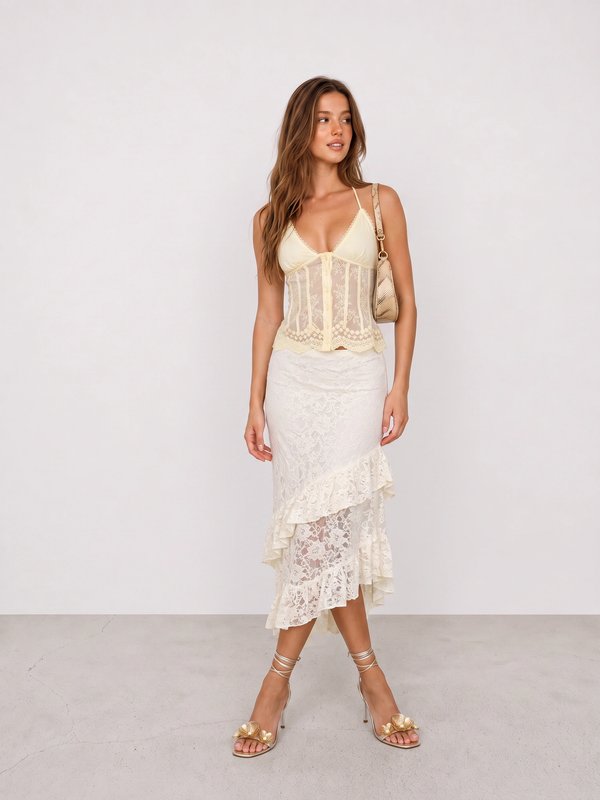 Yellow Lace Corset and White Ruffle Skirt Outfit