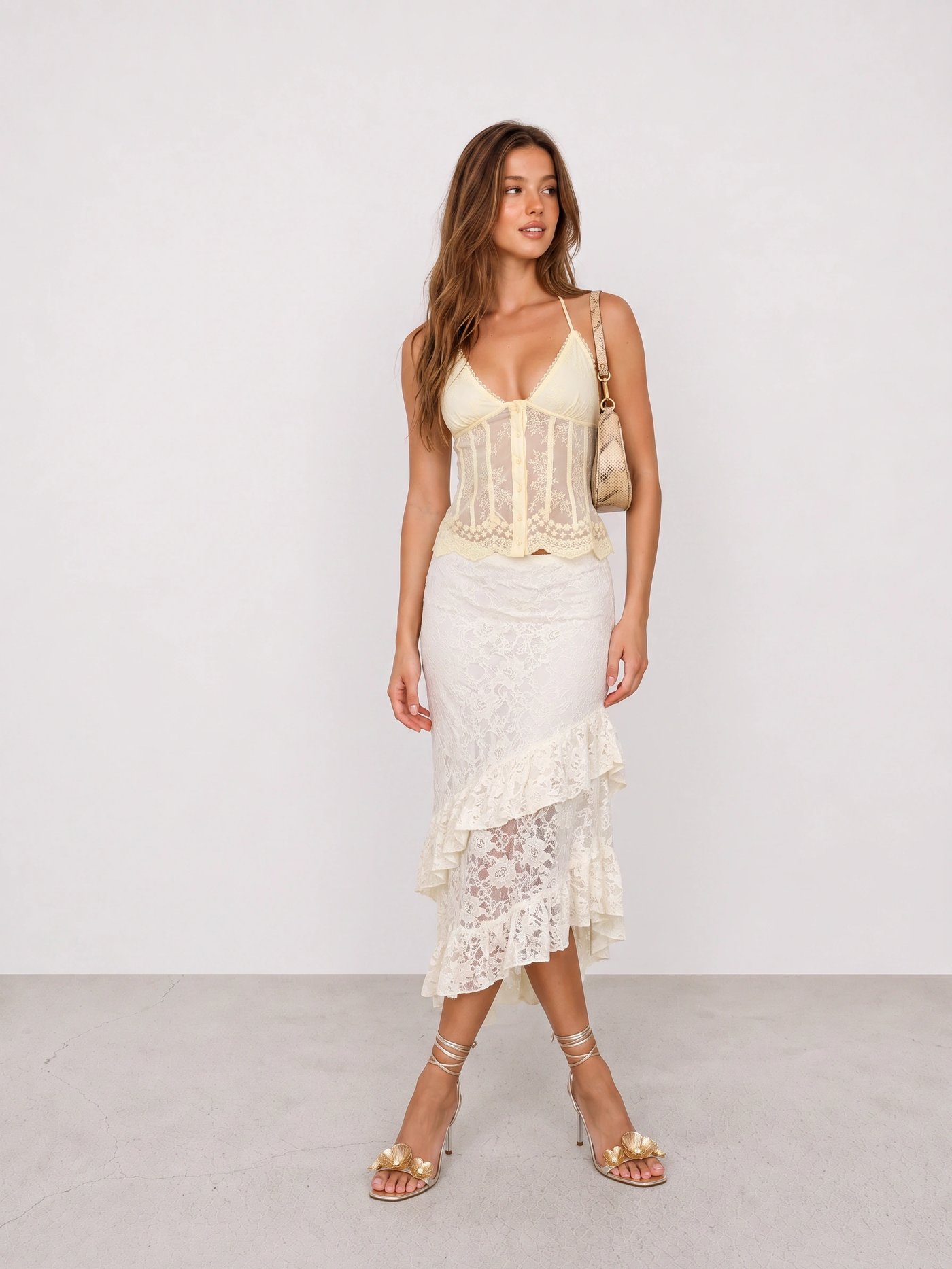 Yellow Lace Corset and White Ruffle Skirt Outfit