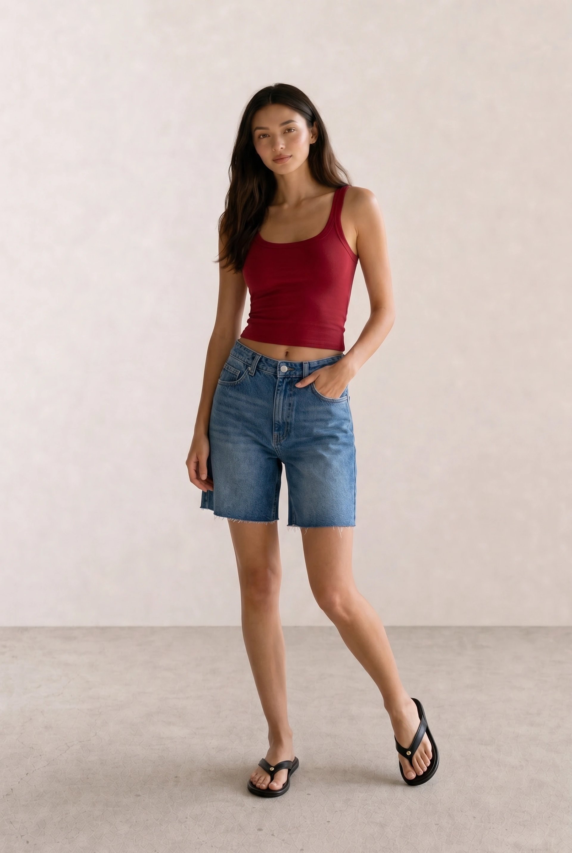 Red Tank Top & Denim Bermuda Shorts