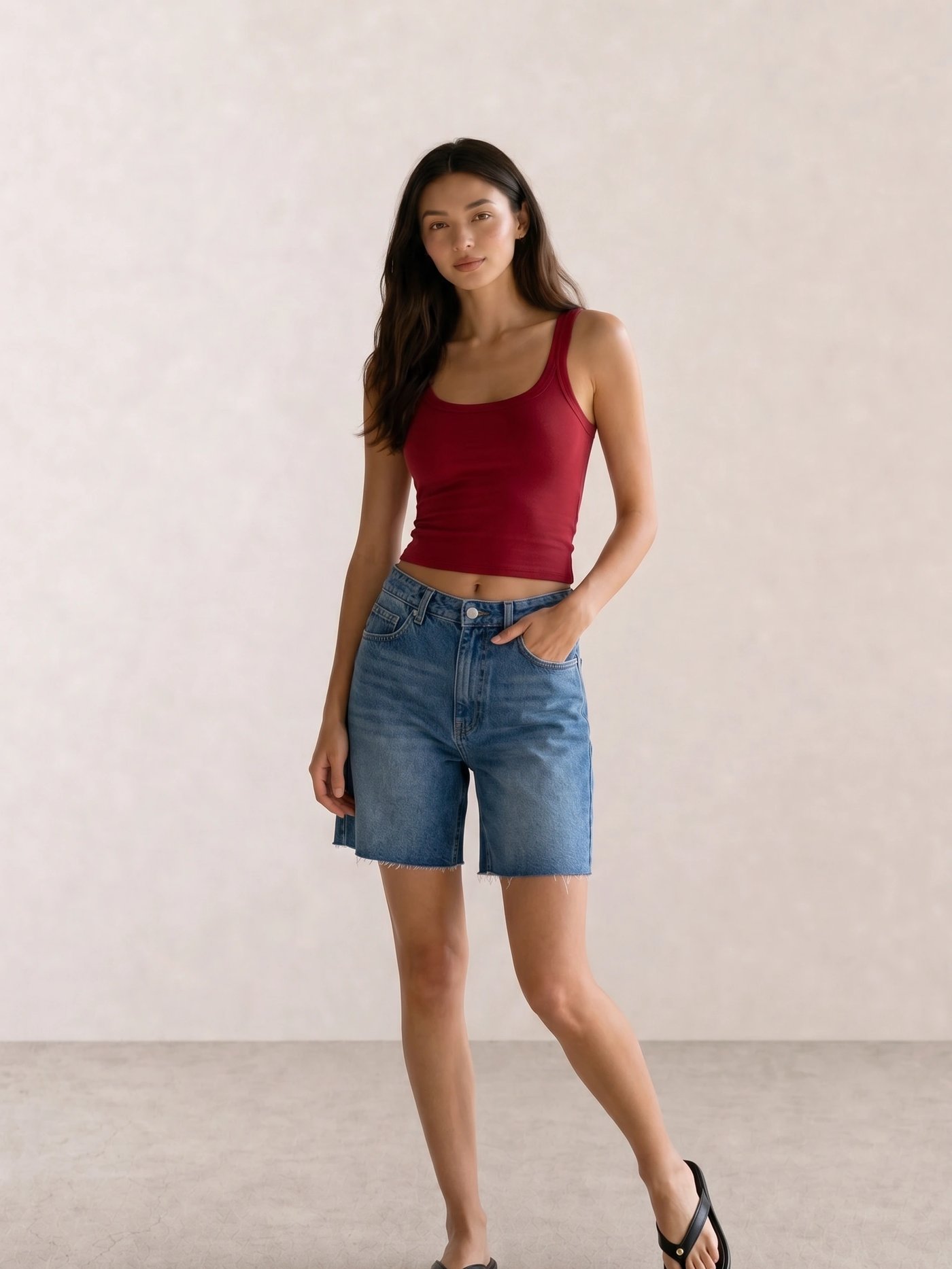 Red Tank Top & Denim Bermuda Shorts