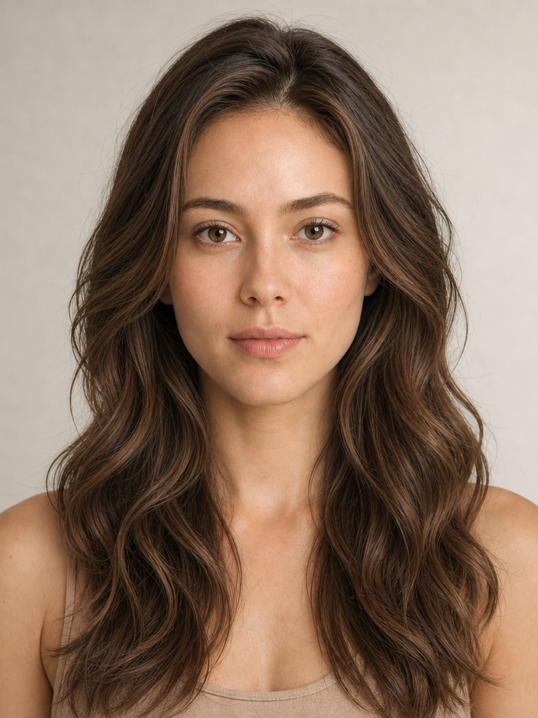 Front view of a woman with long tousled beach waves, a hairstyle suited to diamond face shapes