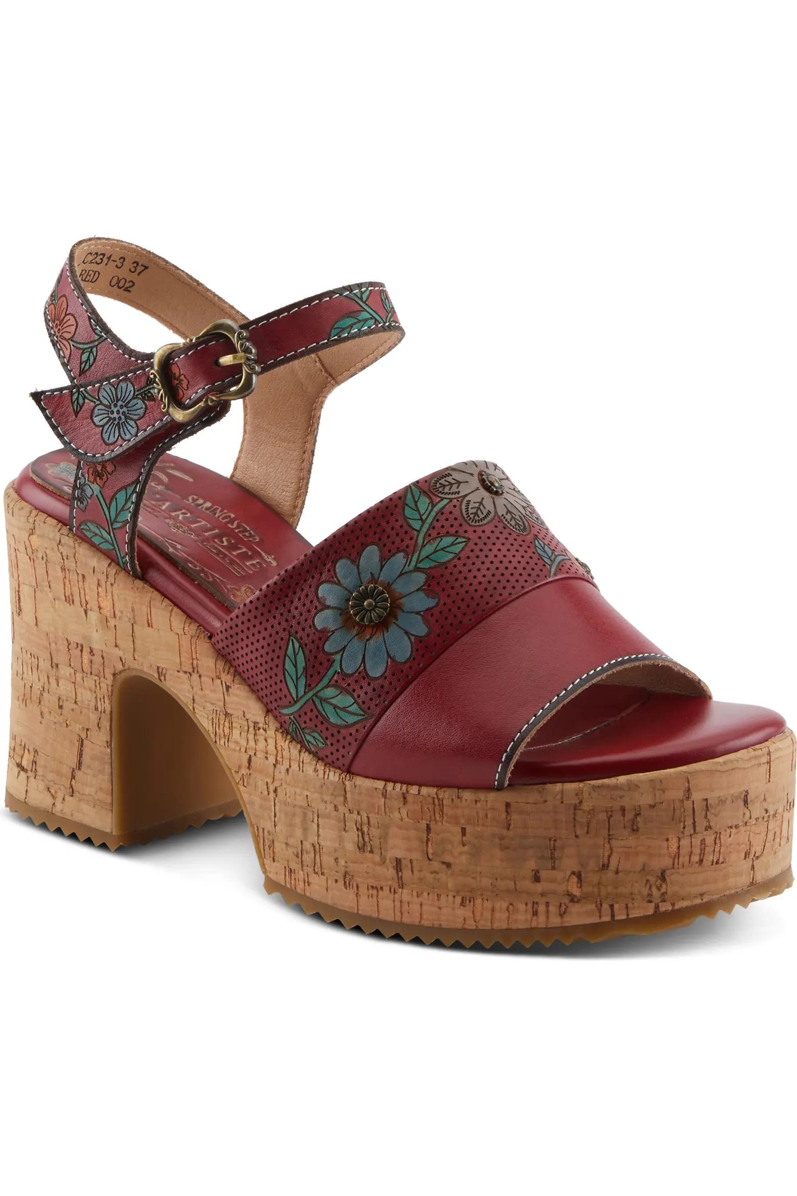 Red Floral Cork Platform Clogs