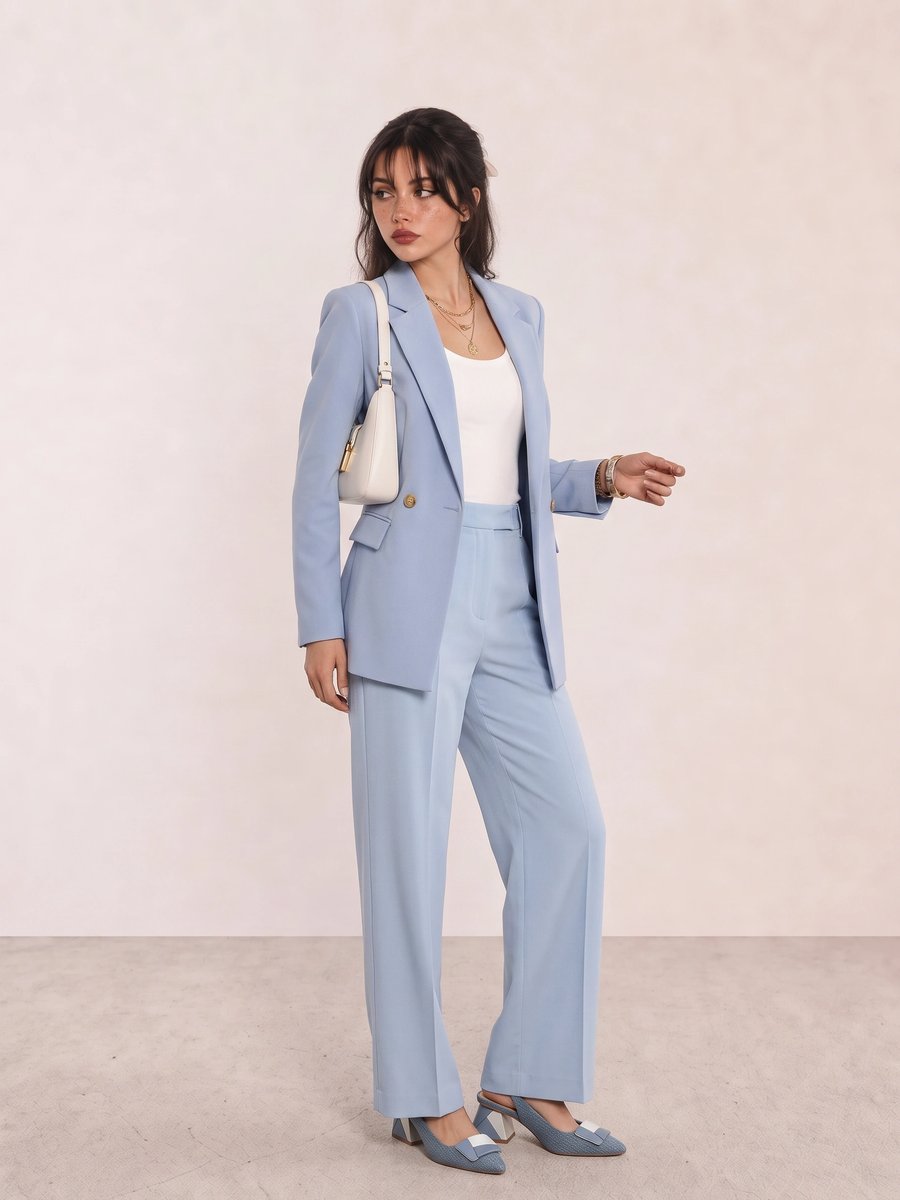 Woman wearing a light blue tailored suit with blue slingback heels and a shoulder bag